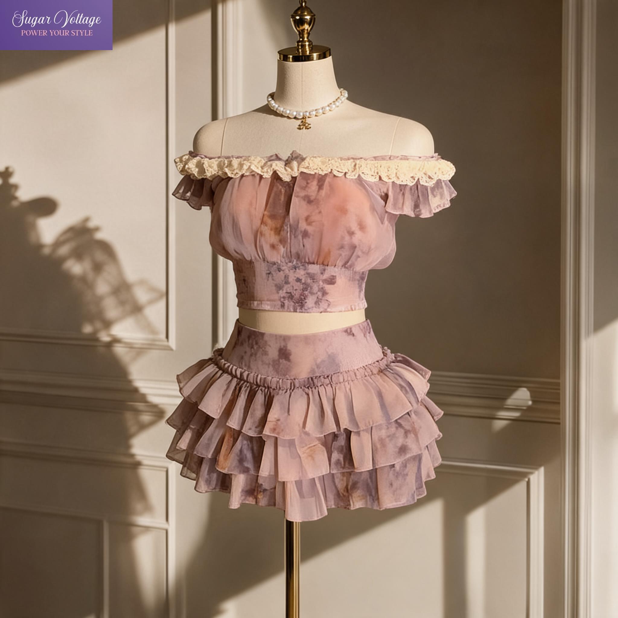 Elastic Lace Trim - Francuski Słodki Zestaw Dwuczęściowy z Odkrytymi