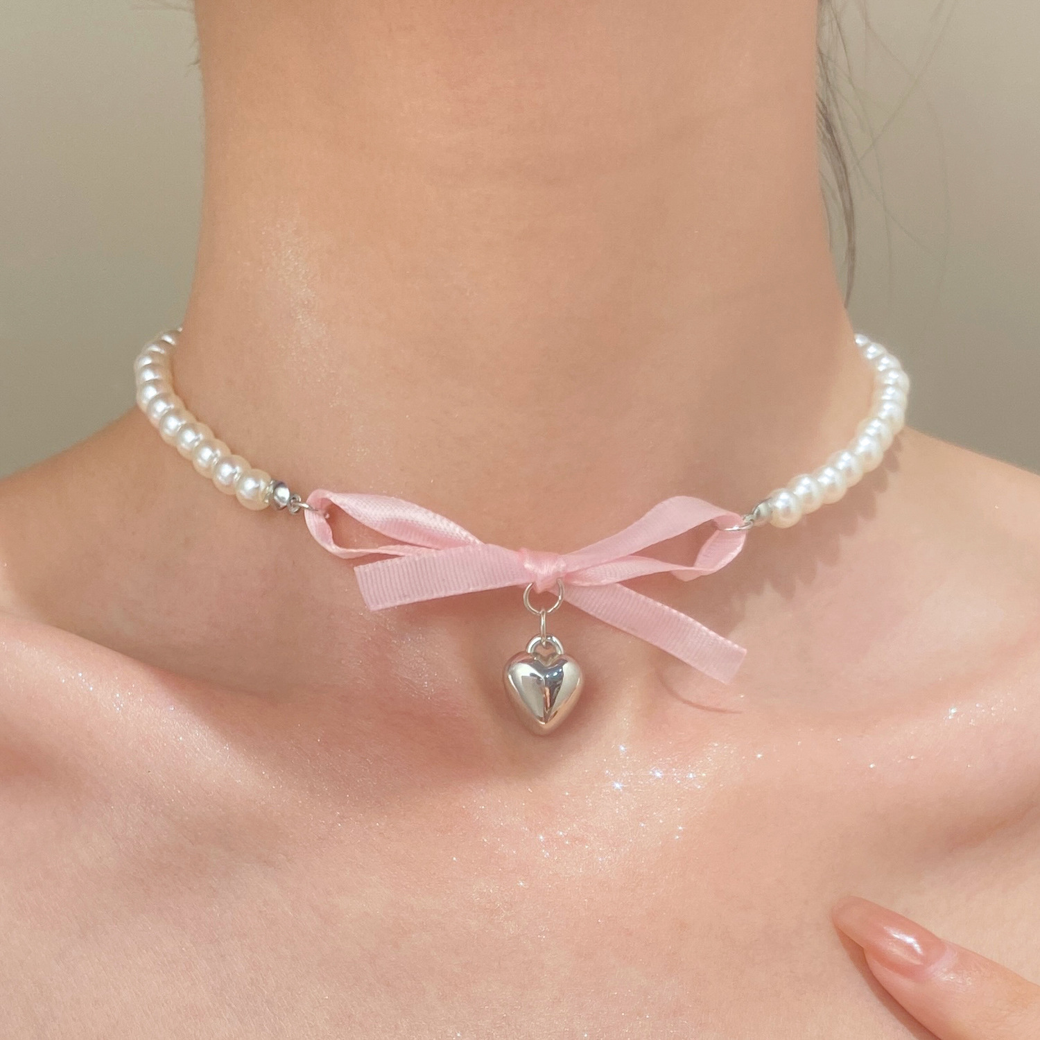 Pearl Trim Chain - Francuski romantyczny różowy wisiorek w kształcie